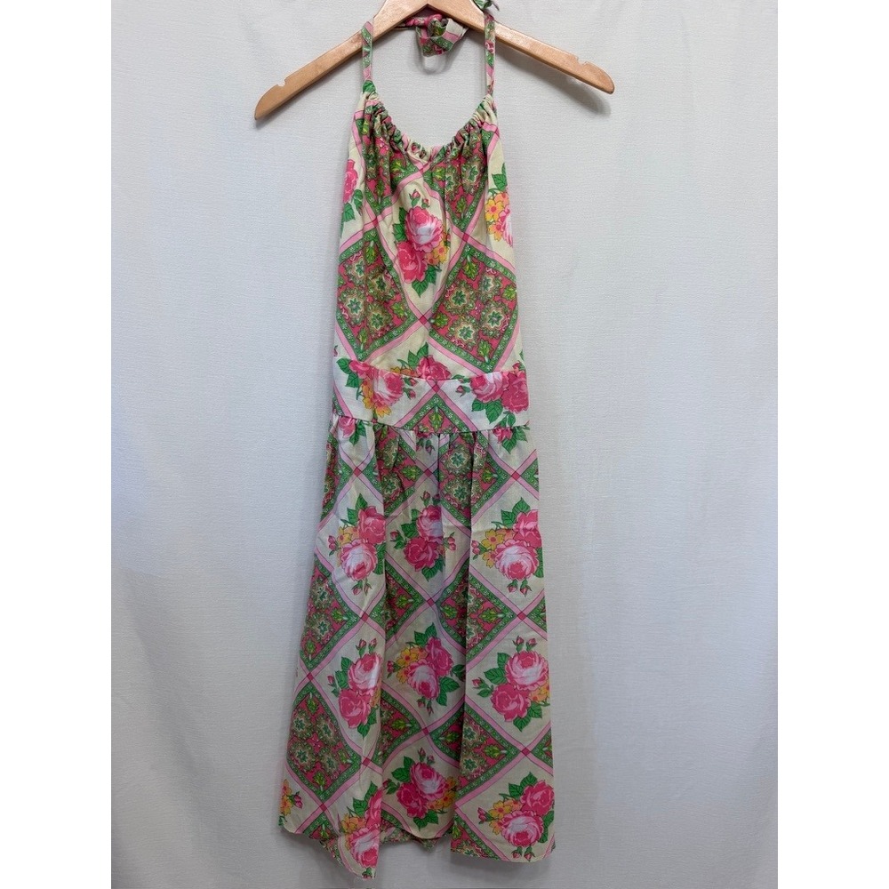 Vintage 70s Blue Daisy Boutique Oregon Patchwork Floral Halter Dress Small
